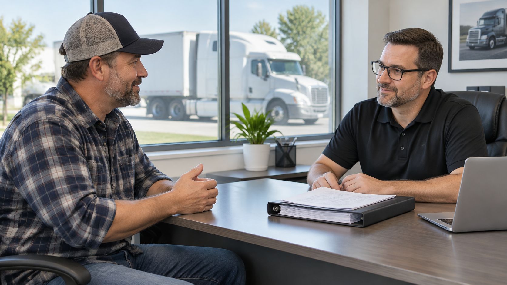 A truck driver interviewing with a professional manager at an office desk with a truck outside.