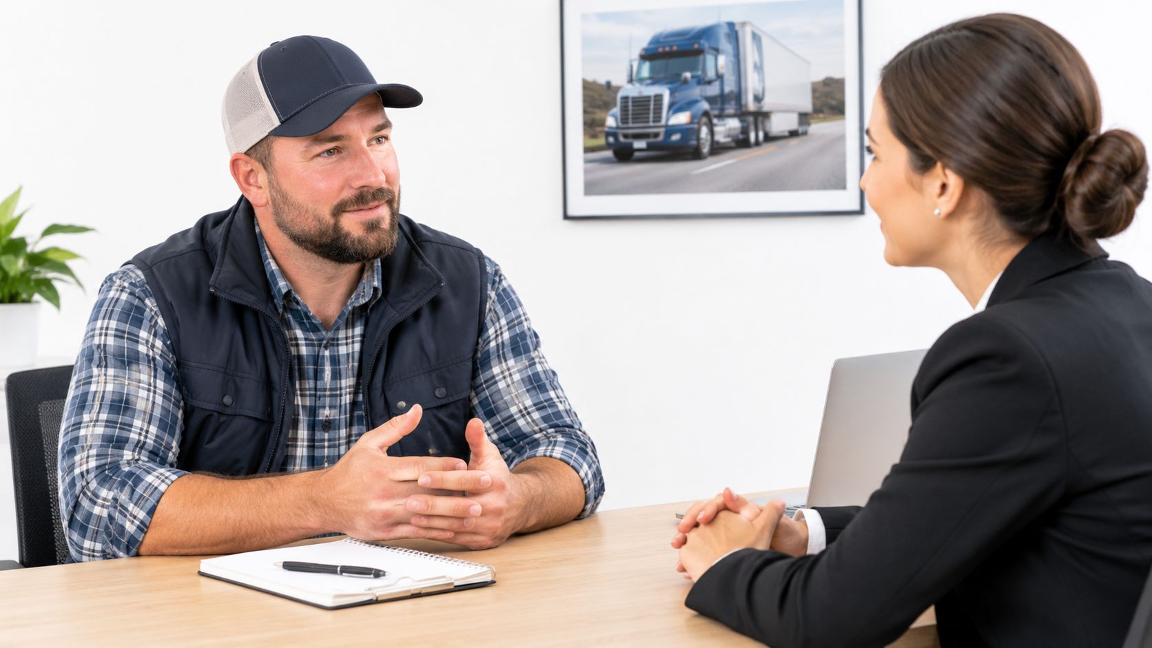 A professional truck driver sitting across from a recruiter for an interview in an office setting.