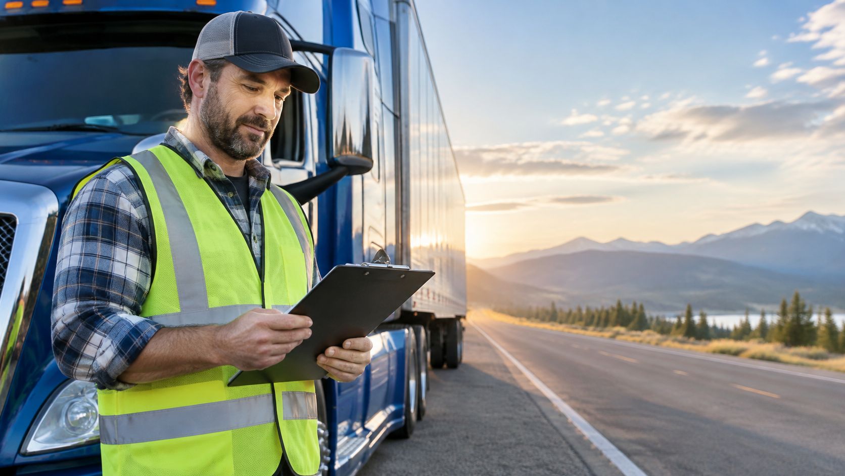 A professional truck driver in a high-visibility vest reviews documents on a clipboard next to his vehicle.