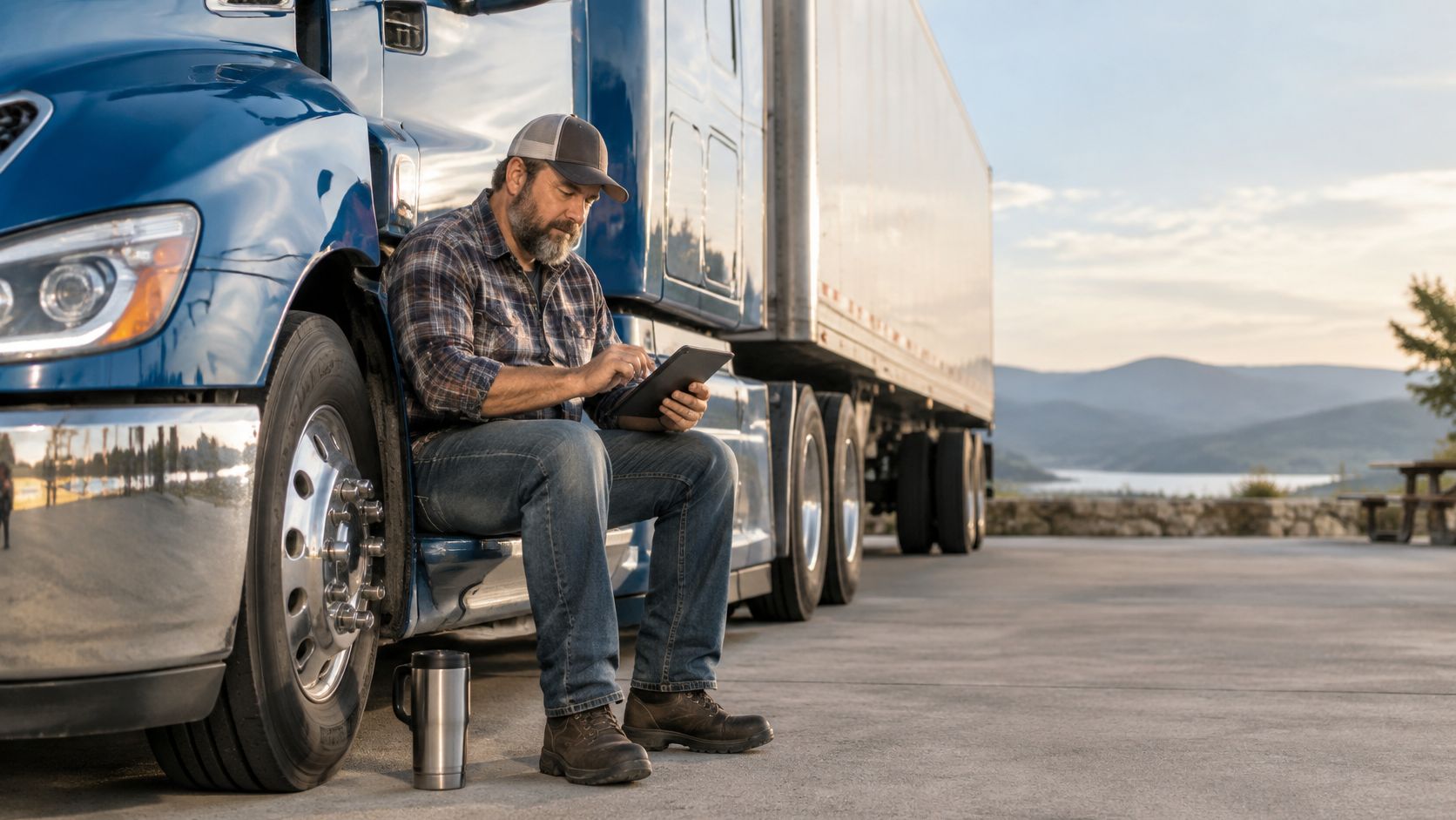 A professional truck driver sitting on the steps of his blue semi-truck while using a digital tablet.