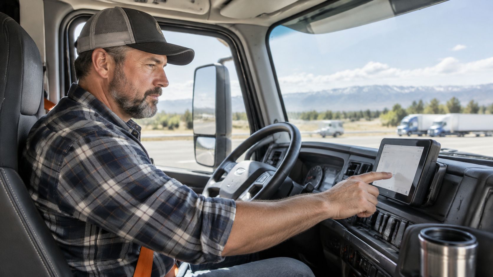 A professional truck driver sitting in his vehicle cabin, using the electronic dashboard interface for navigation.