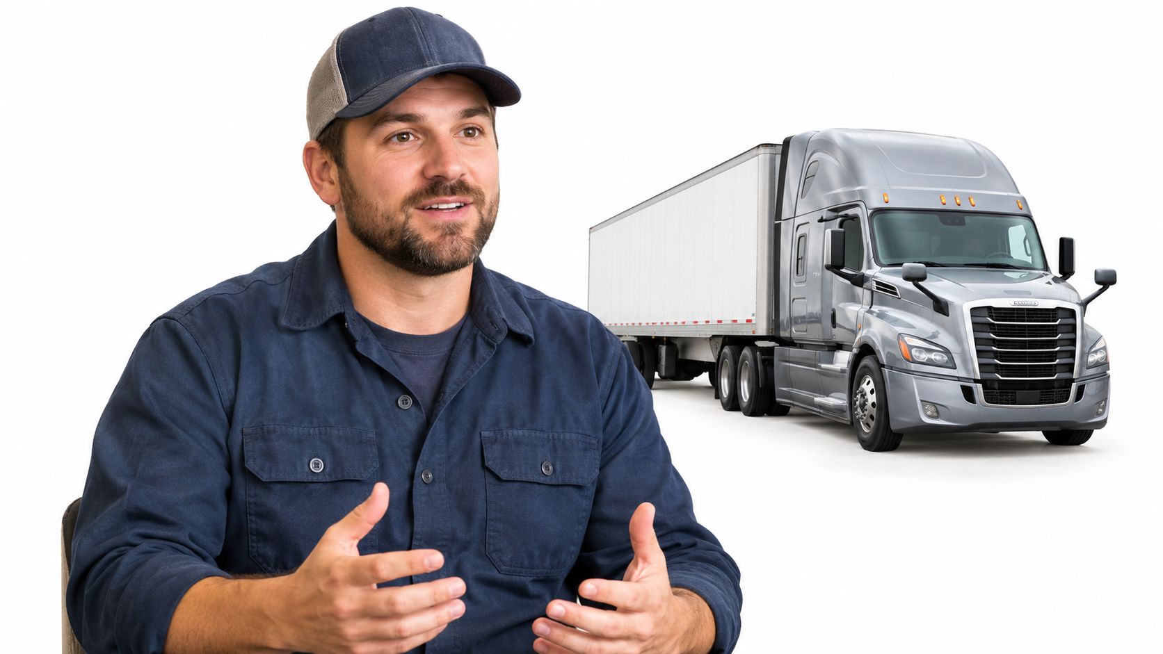 A professional truck driver wearing a cap and blue shirt gesturing during an interview about trucking.