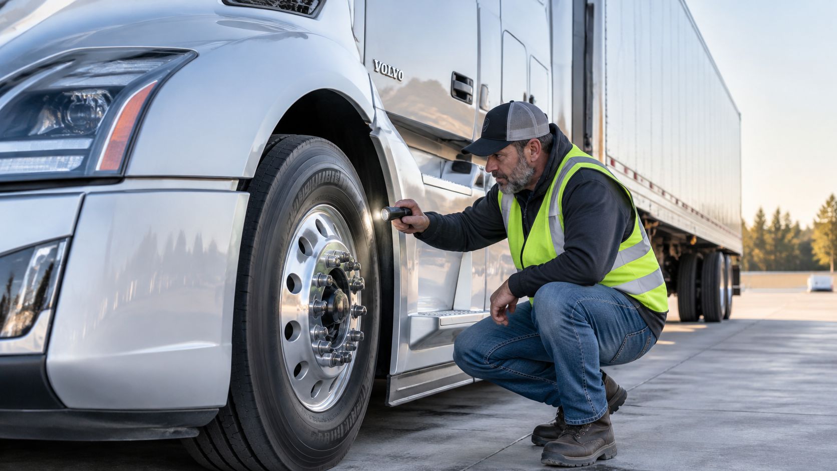 A professional truck driver wearing a safety vest inspects the front tire of a Volvo semi-truck with a flashlight.