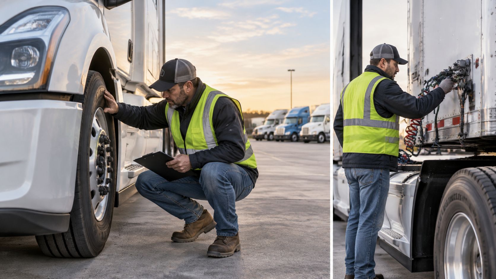 A truck driver in a high-visibility vest inspects a semi-truck tire and connects cables in a parking lot.